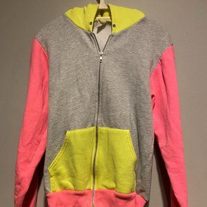 American Apparel F497 Grey + Neon Pink & Yellow Zip-Up Hoodie - Small
